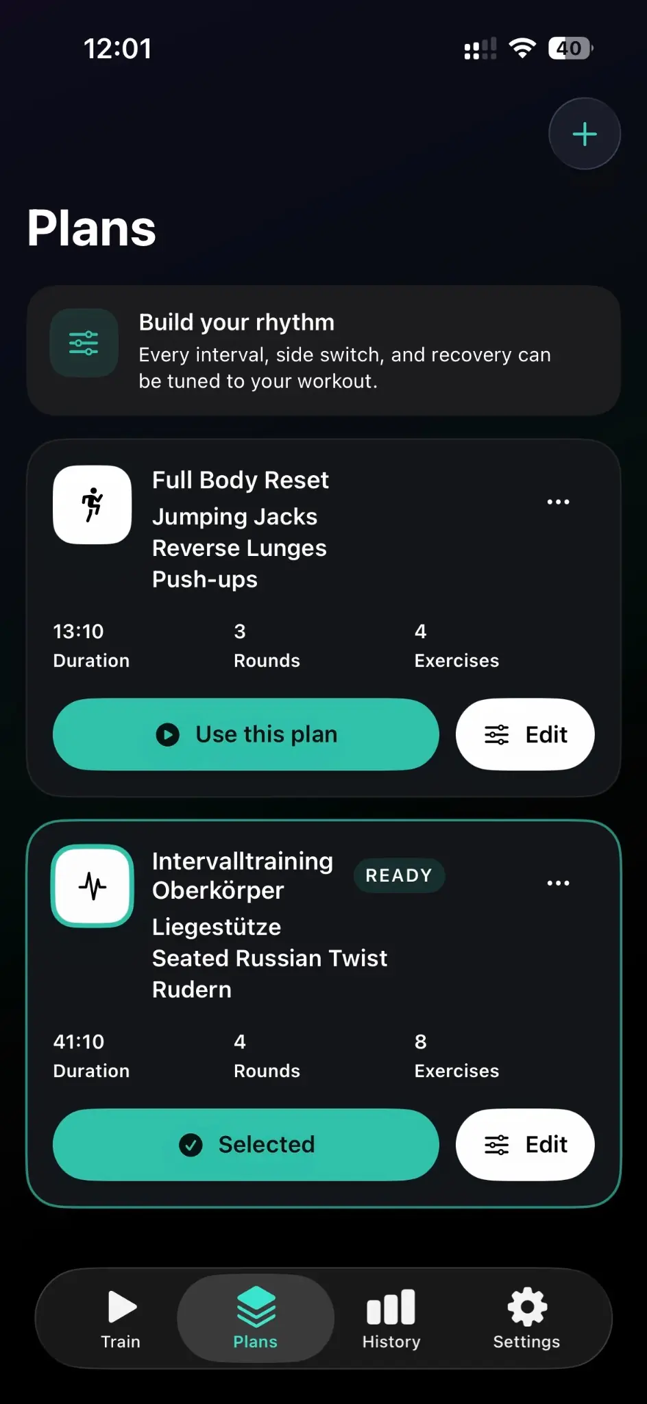 HiInterval plans library showing reusable interval workouts