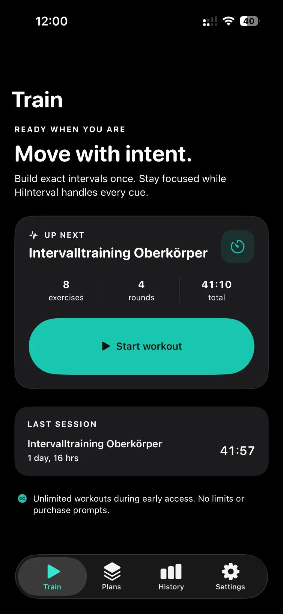 HiInterval Train screen with a selected upper-body interval workout